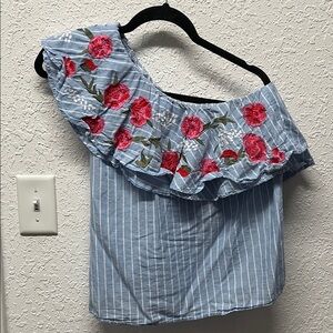 Floral Embroidered Blue Striped Off-Shoulder Top